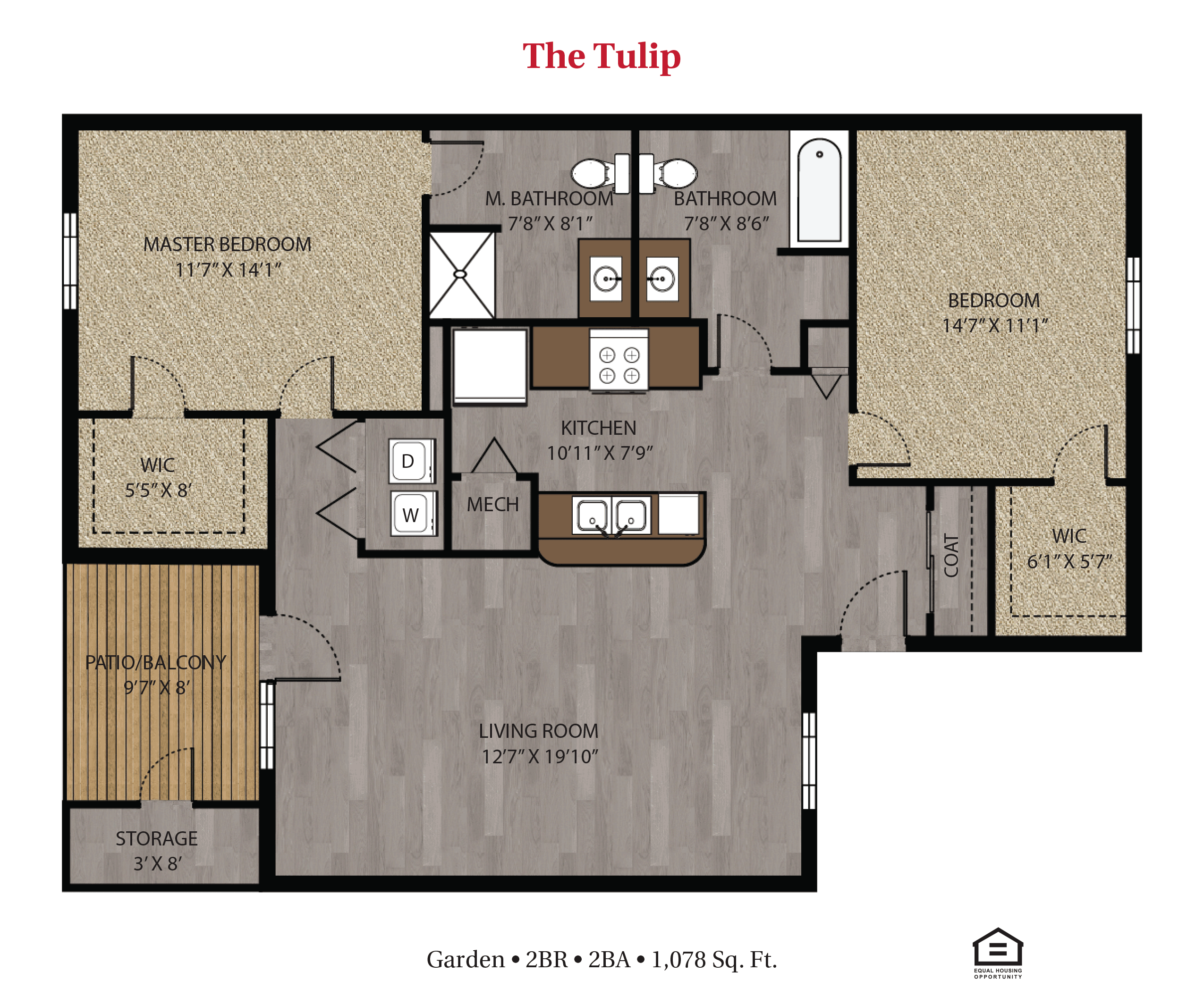 Floor plan for 2 beds, 2 baths, 1078 sqft